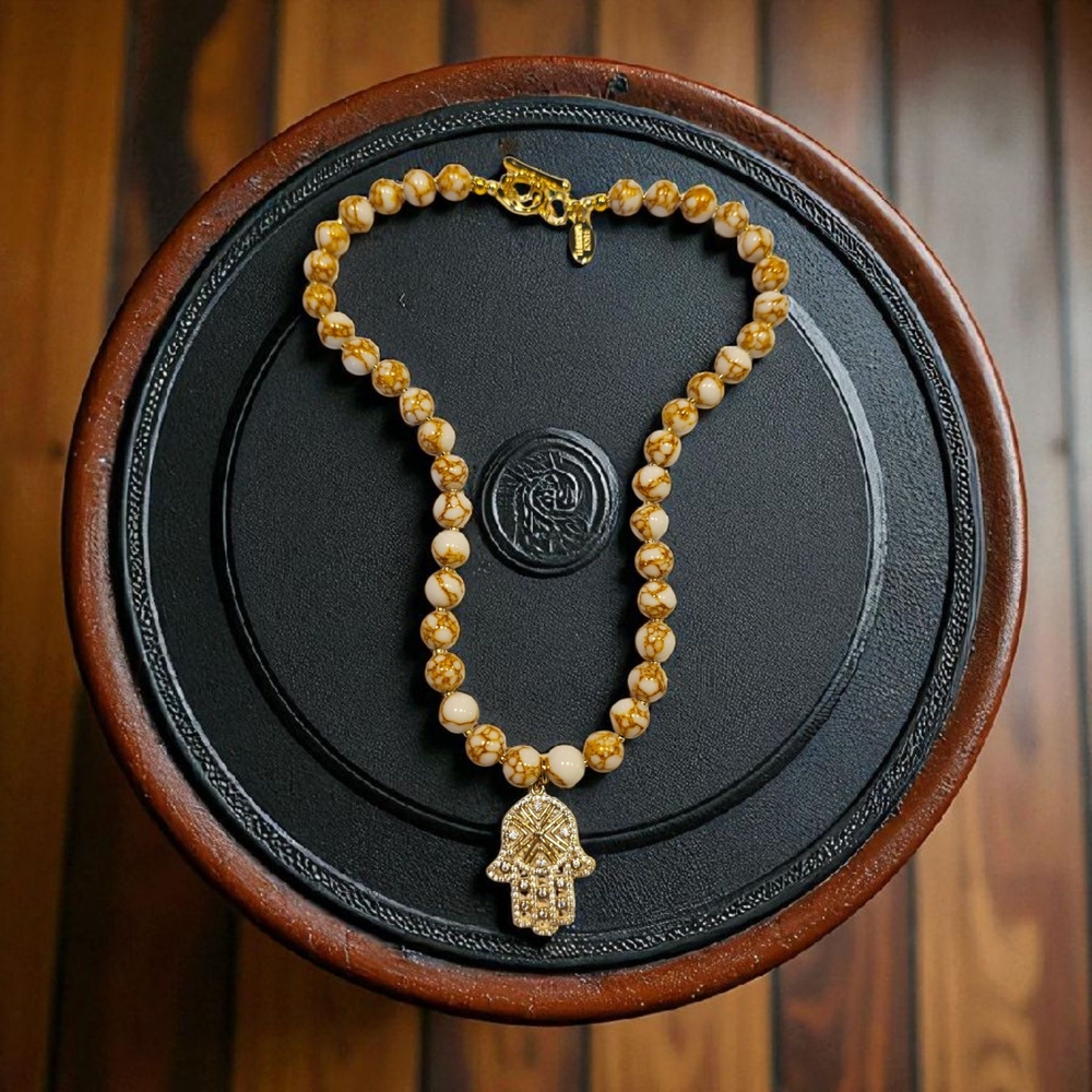 Gold, Tan and Cream Beaded Necklace with Hamsa Charm - Picture 4 of 6